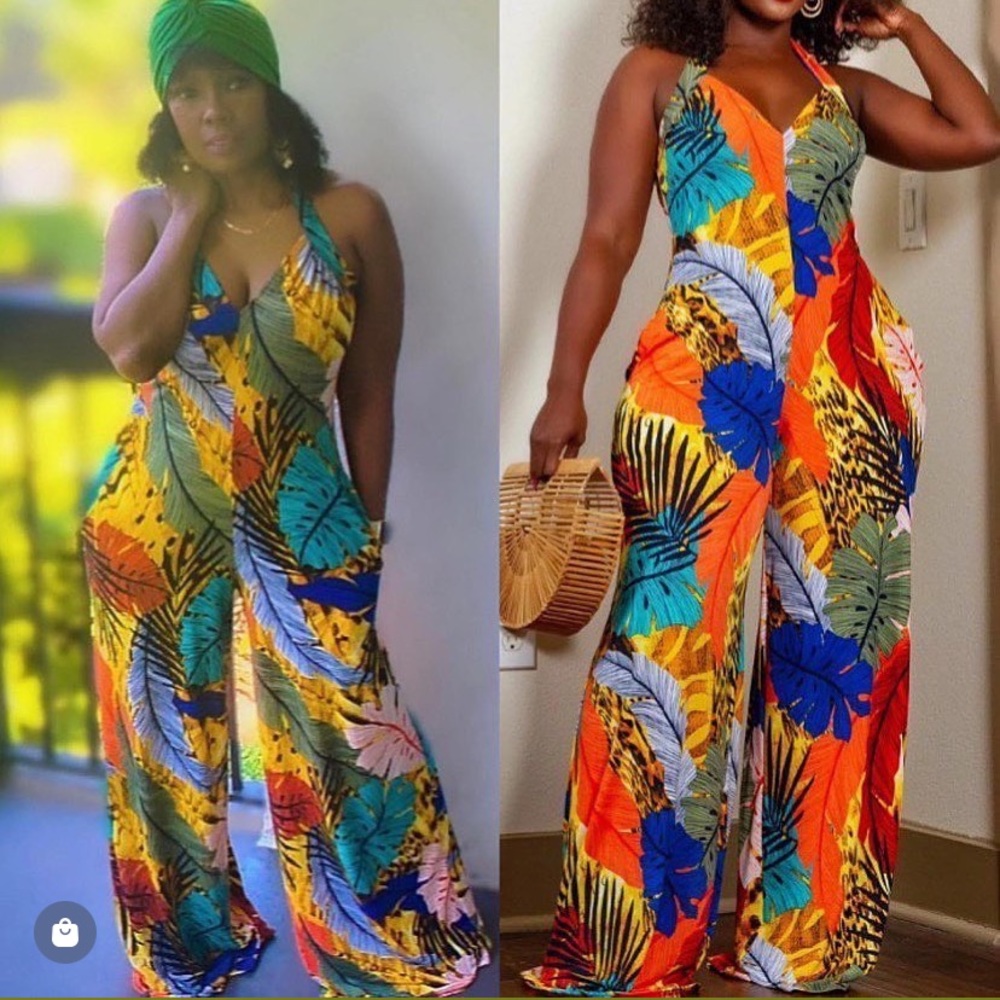 Leaf Printed, Animal Printed Halter Jumpsuit